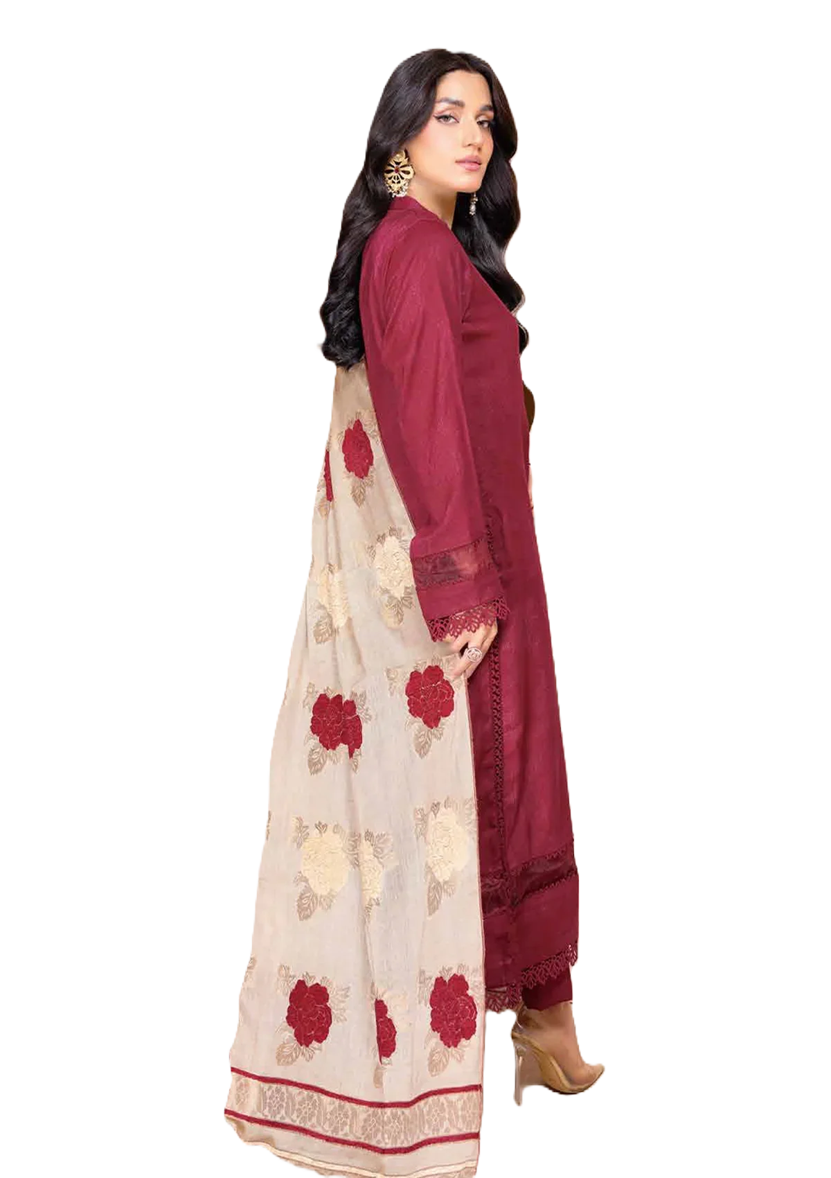 chehra Women's unstiched kapray Self Jacquard Peach Trouser With Dyed Yarn Velvet Jacquard Shawl