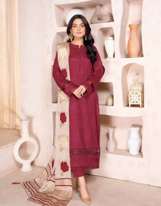 Women's unstiched kapray Self Jacquard Peach Trouser With Dyed Yarn Velvet Jacquard Shawl
