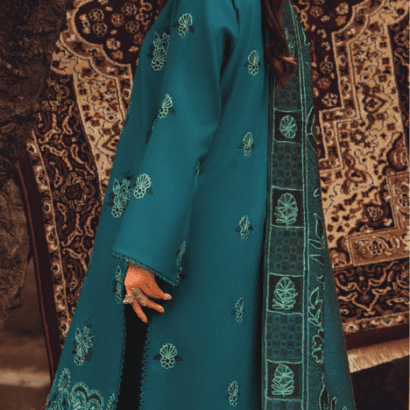 Women's Unstiched suits By Mehrama Panache Shirt Fabric Dhanak Embroidered Dhanak Shirt 3Mtrs Woollen Aari Shawl 2.5Mtrs Plain Dyed Dhanak Trouser 2.5Mtrs