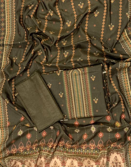 Women's winter collection Aizal By Marooj unstiched suit Shirt Magestic Gold Printed Linen Dupatta Magestic Gold Printed Linen Dyed Magestic Gold linen
