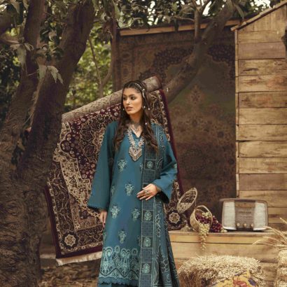 Women's Unstiched suits By Mehrama Panache Shirt Fabric Dhanak Embroidered Dhanak Shirt 3Mtrs Woollen Aari Shawl 2.5Mtrs Plain Dyed Dhanak Trouser 2.5Mtrs