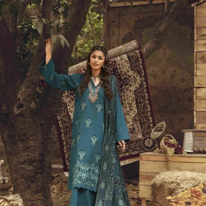 Women's Unstiched suits By Mehrama Panache Shirt Fabric Dhanak Embroidered Dhanak Shirt 3Mtrs Woollen Aari Shawl 2.5Mtrs Plain Dyed Dhanak Trouser 2.5Mtrs